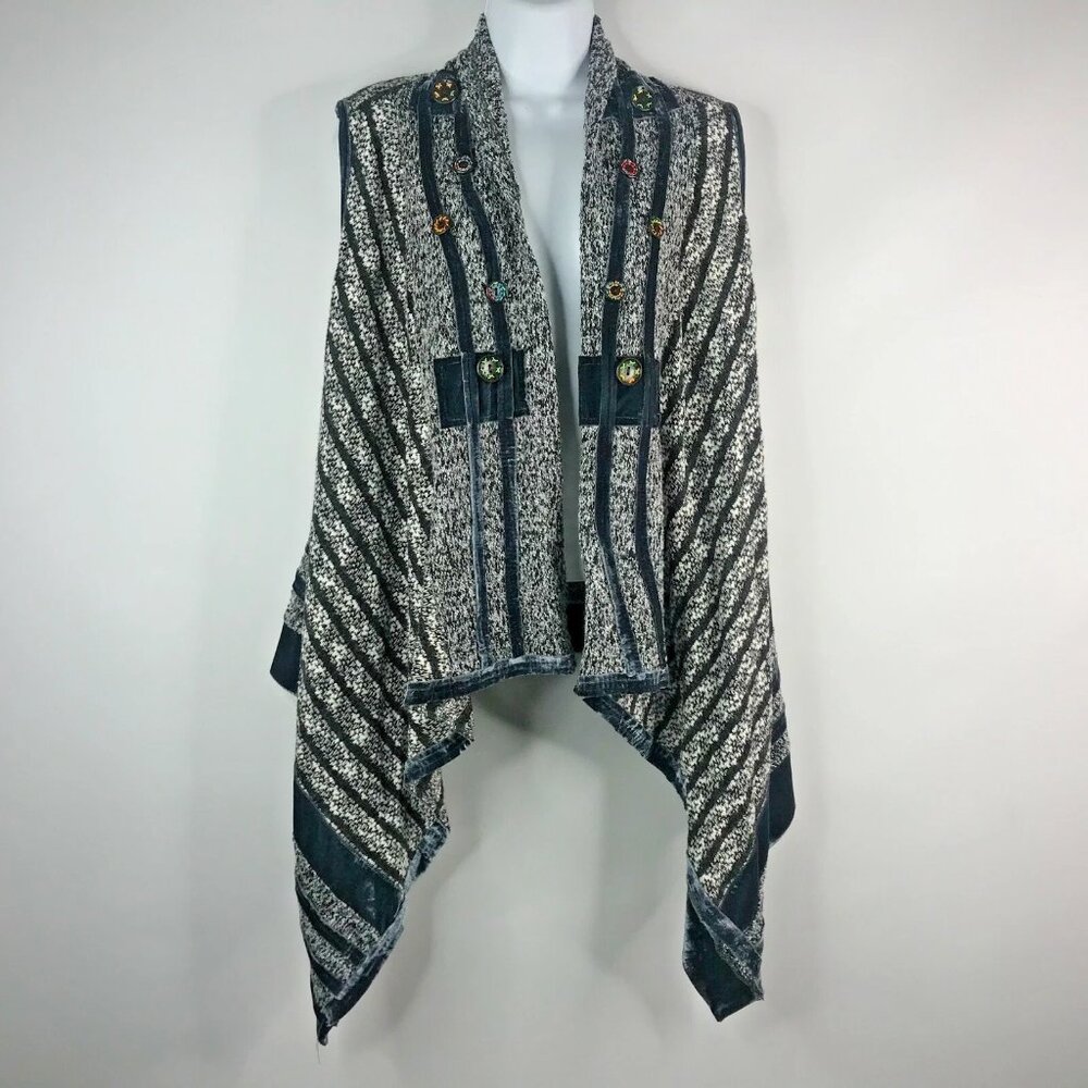 Anis A Open Front Sweater Vest Size M Gray White Striped Knit Velvet Trim